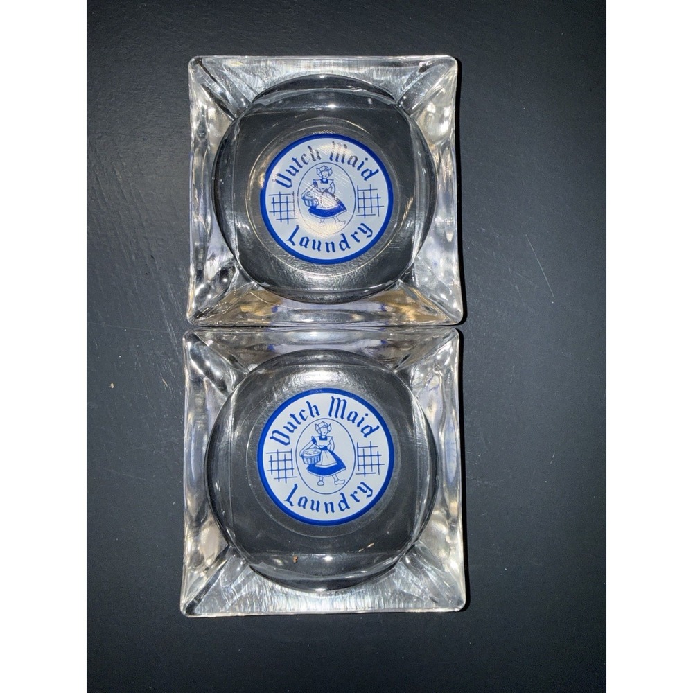 Lot Of 2 Vintage Advertising Glass Ashtrays. Dutch Maid Laundry Mint Condition